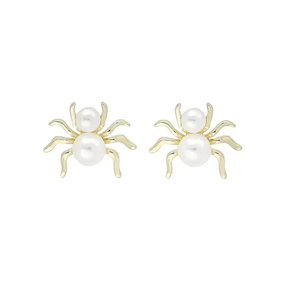 Faux Pearl Halloween Spider Earrings Personalized Creative Gold Tone - Picture 5 of 5